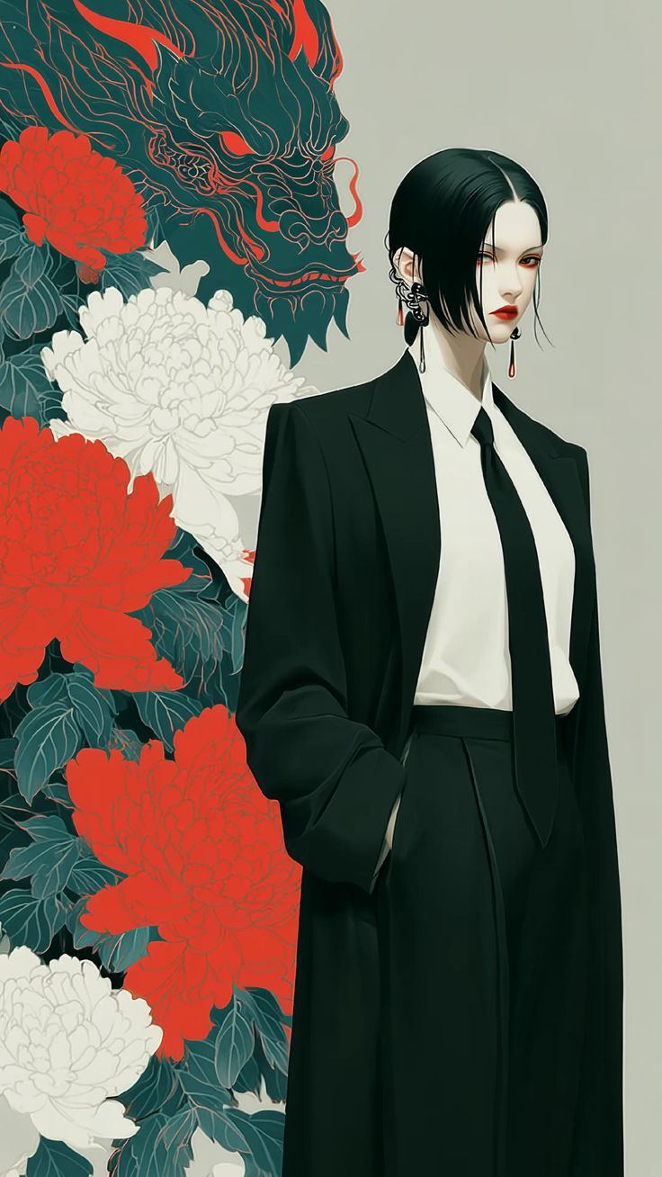Woman in a black suit with a dragon and floral background