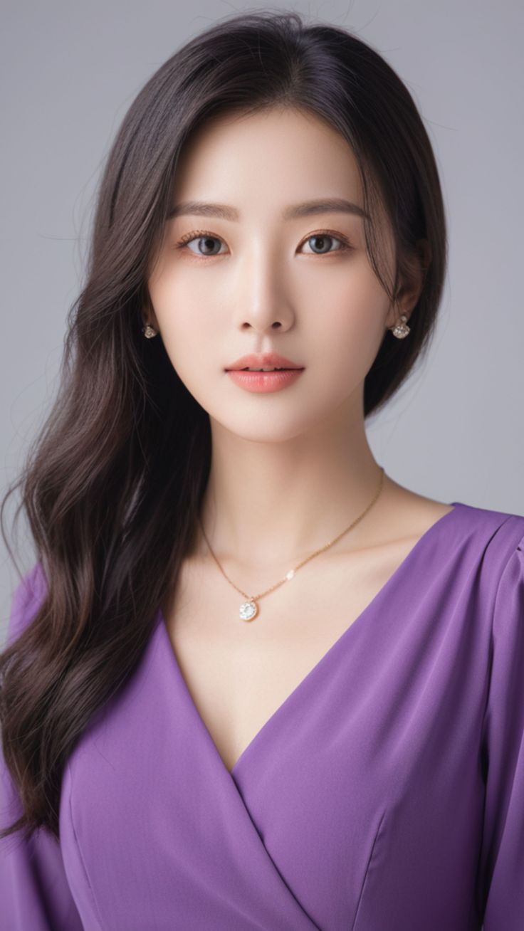 Woman with long dark hair wearing a purple dress and jewelry