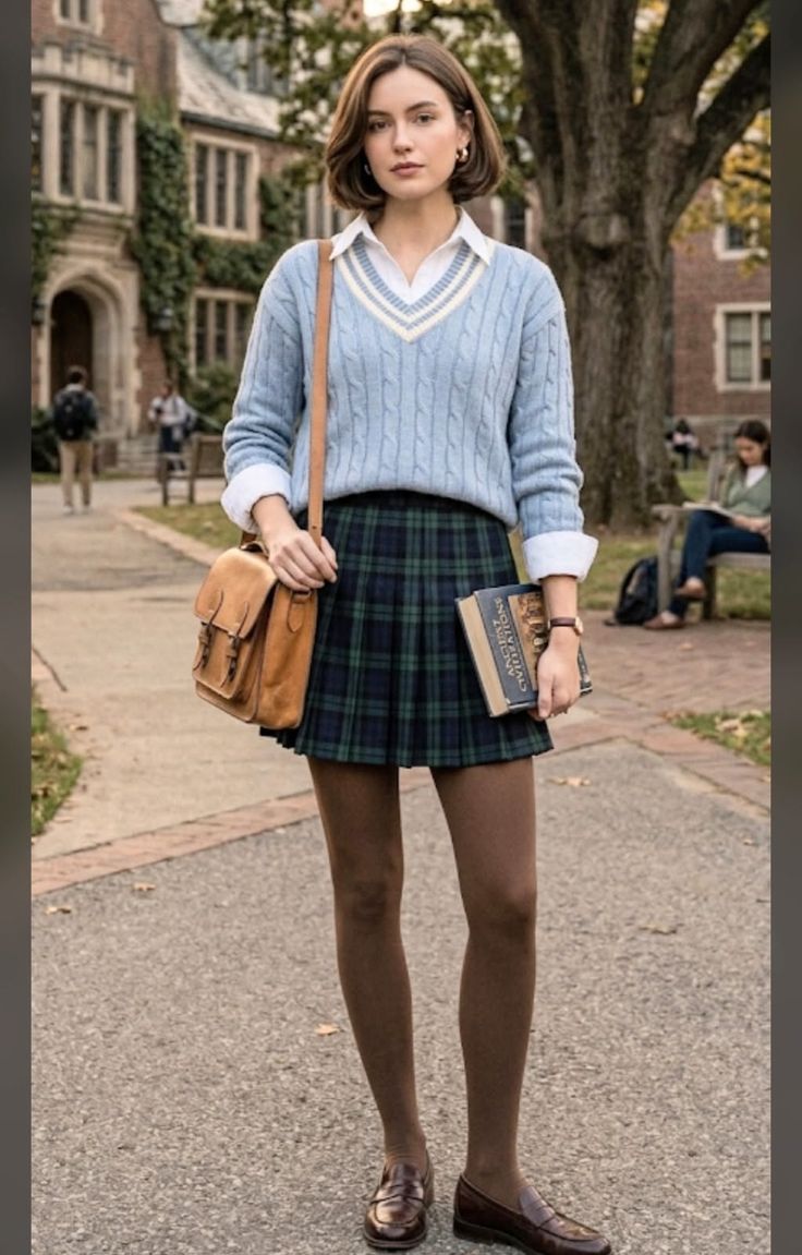 Woman in a school uniform on a college campus holding a book
