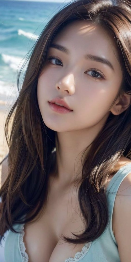 Realistic portrait of a woman with long hair and cleavage at the beach
