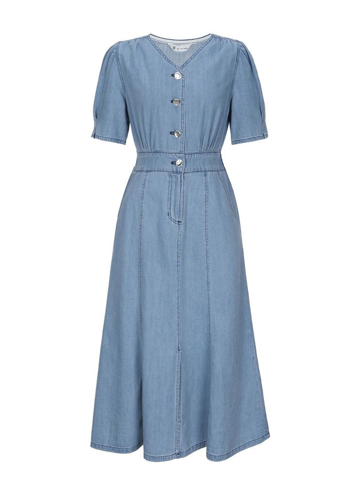 Light blue denim midi dress with short puffed sleeves and button front