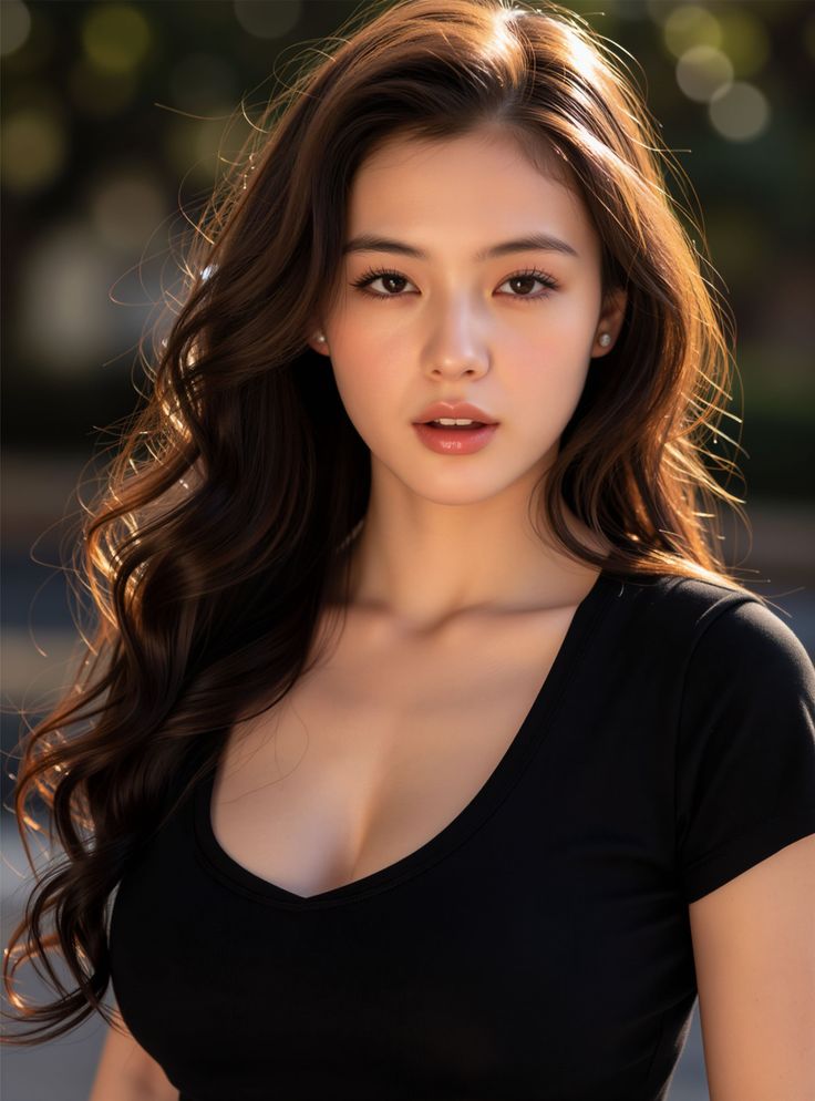 Woman with long wavy hair and a black t-shirt in soft backlight