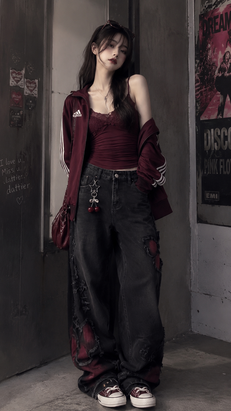 Woman in a maroon top and ripped jeans with a cherry charm in an urban setting