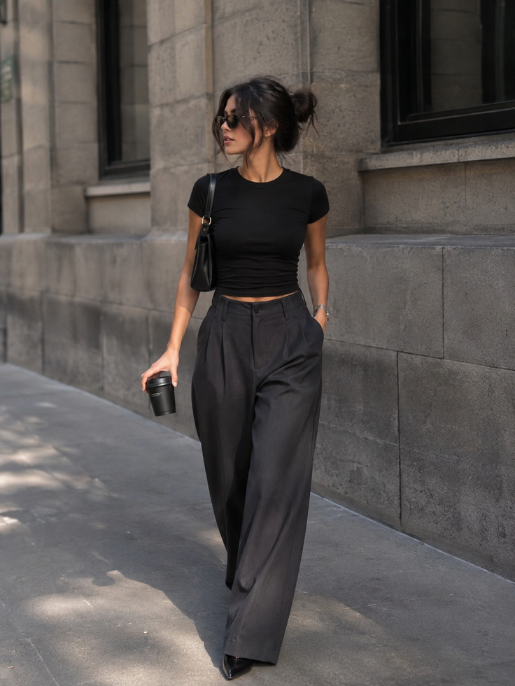 Woman in a black crop top and wide leg pants walking on a street