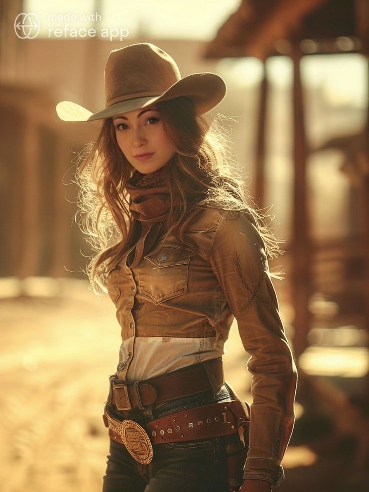 Woman in a cowboy hat and denim jacket with long hair at golden hour