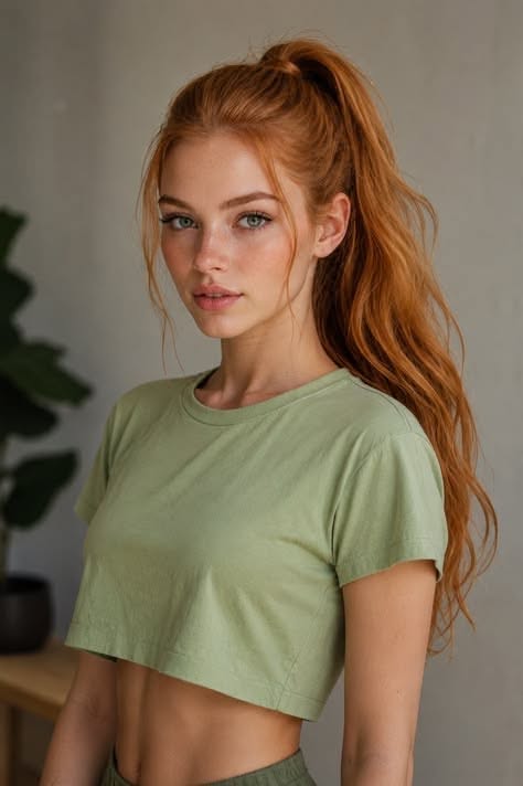 Woman with red hair in a ponytail wearing a green crop top