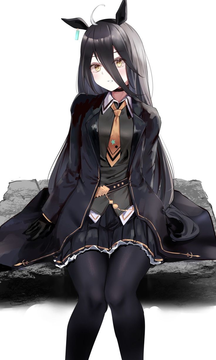 Anime girl with long black hair wearing a dark school uniform and thigh high socks