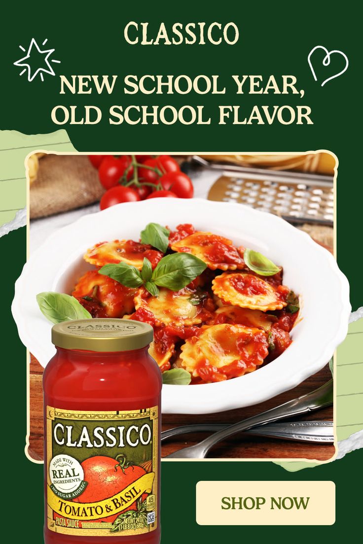 A bowl of ravioli with tomato sauce and basil, next to a jar of Classico pasta sauce