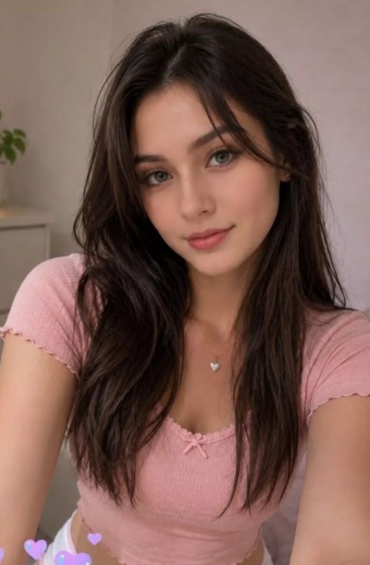 Woman with long dark hair wearing a pink top and heart necklace indoors