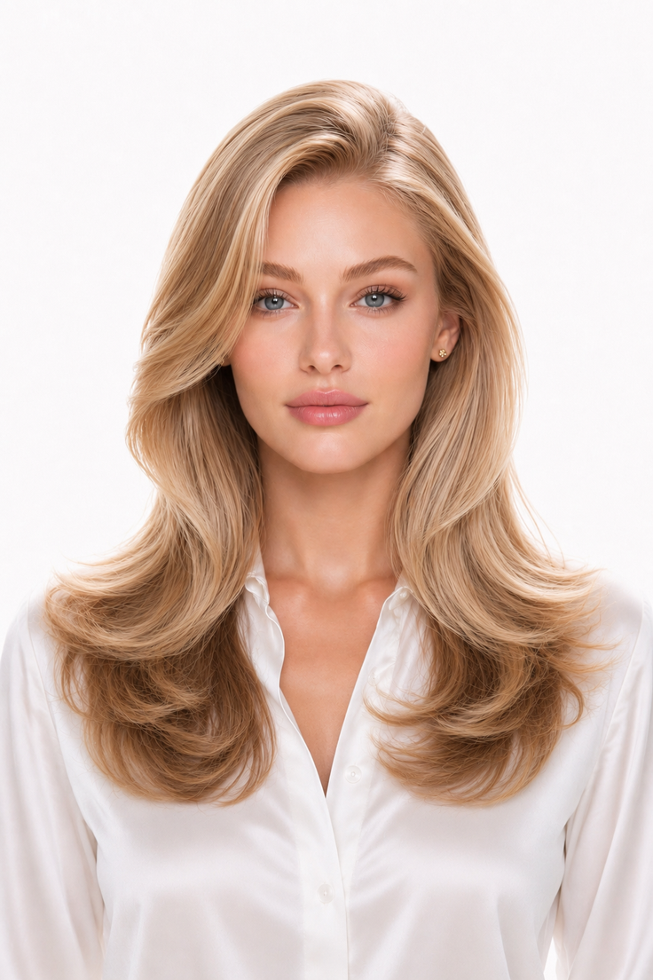 Woman with long blonde hair and blue eyes wearing a white shirt
