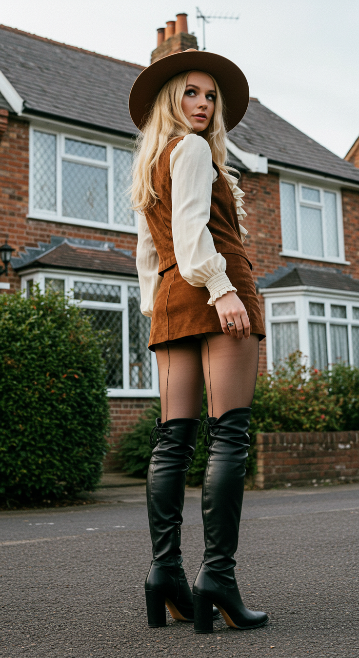 Woman in a brown hat and suede skirt with thigh-high boots on a street
