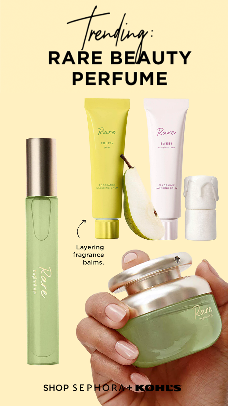 Various Rare Beauty perfume and fragrance products with a pear on a light background