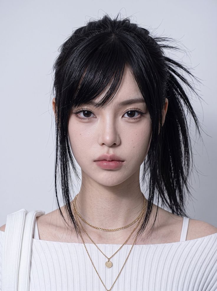 Woman with black hair in a ponytail wearing a white top and layered necklaces