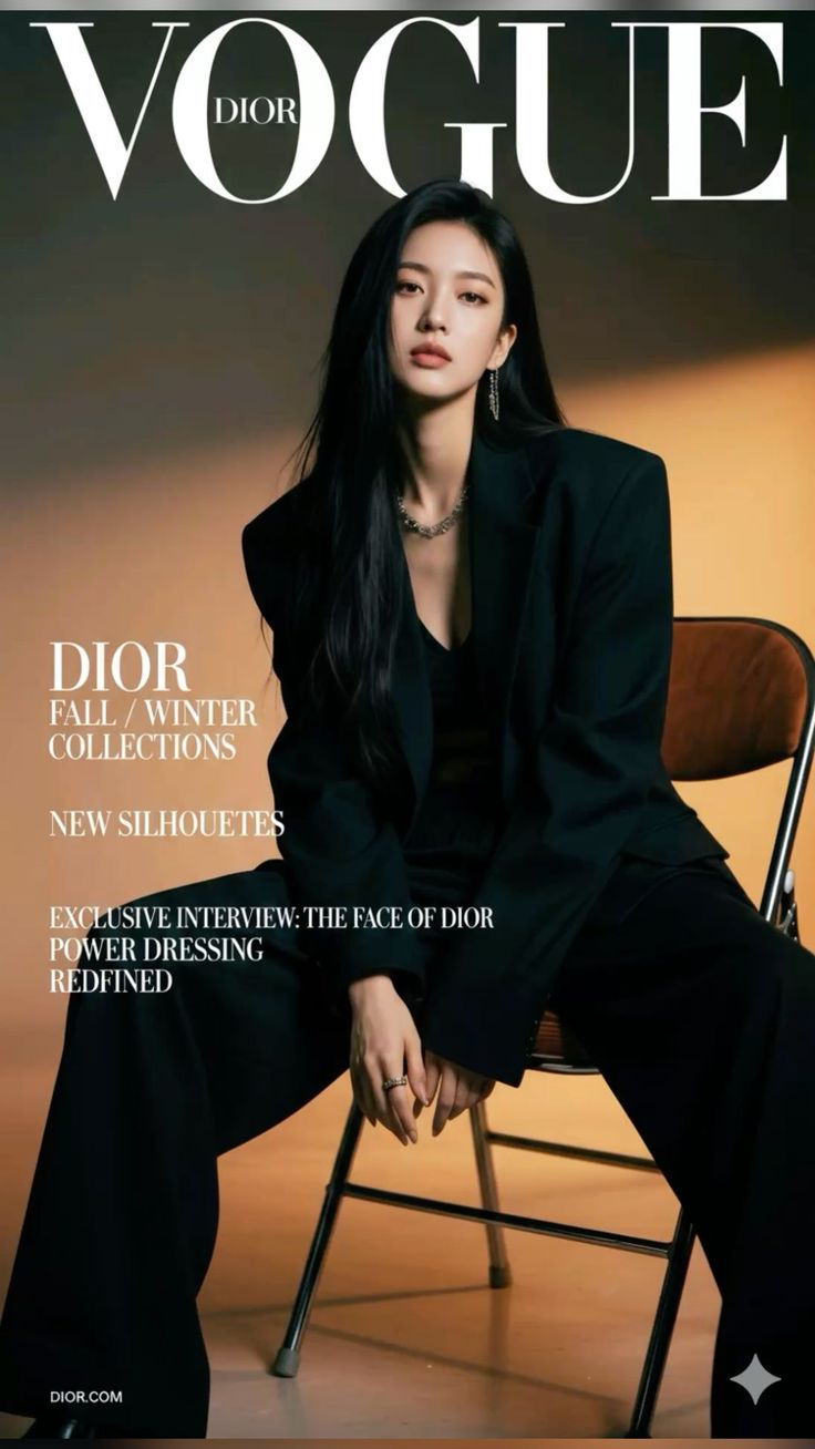 Woman in a black suit and jewelry sitting on a chair indoors