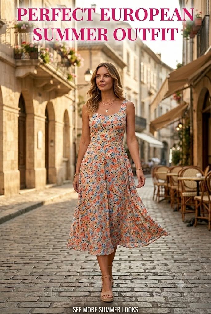 Woman in a floral dress walking on a cobblestone street in a European town