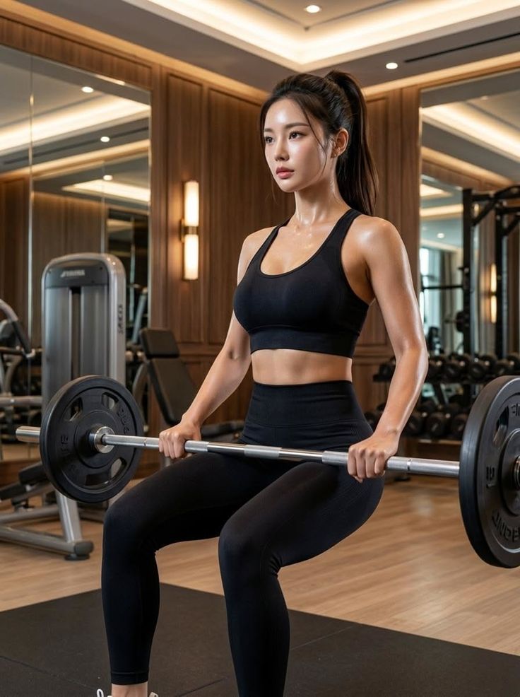 Woman in black sportswear squatting with a barbell in a gym