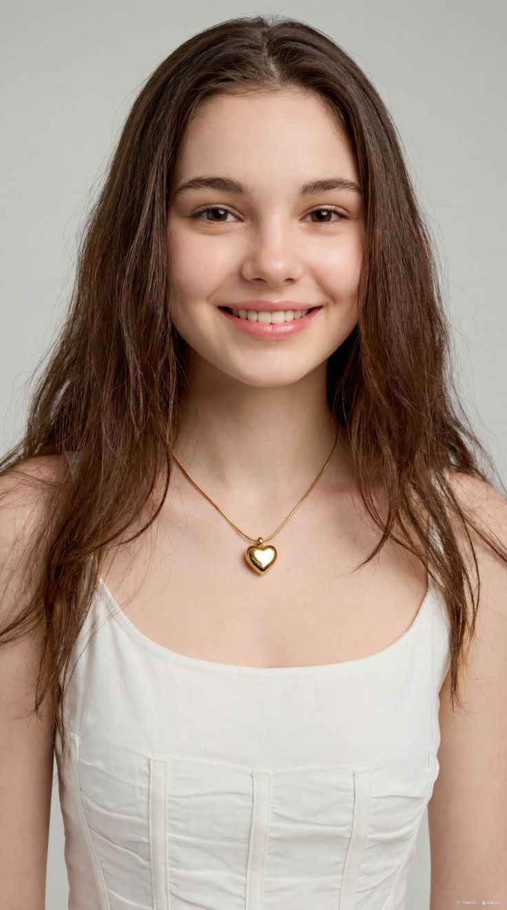Young woman with long brown hair wearing a white top and heart necklace, smiling