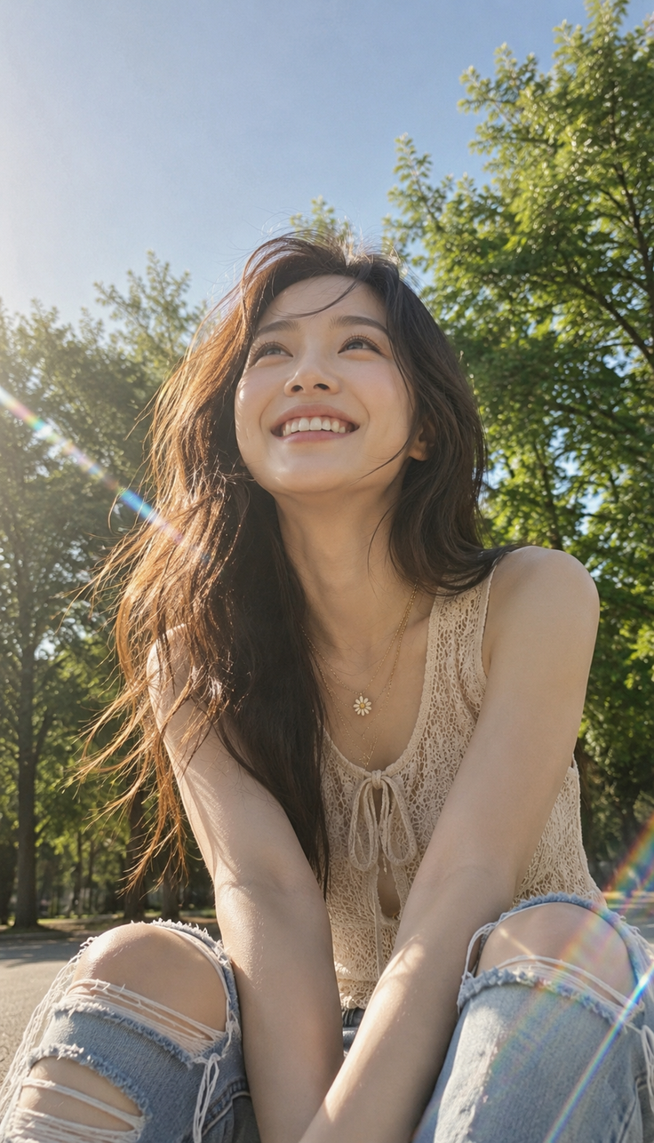Woman with long hair and ripped jeans looking up at the sky with a happy expression