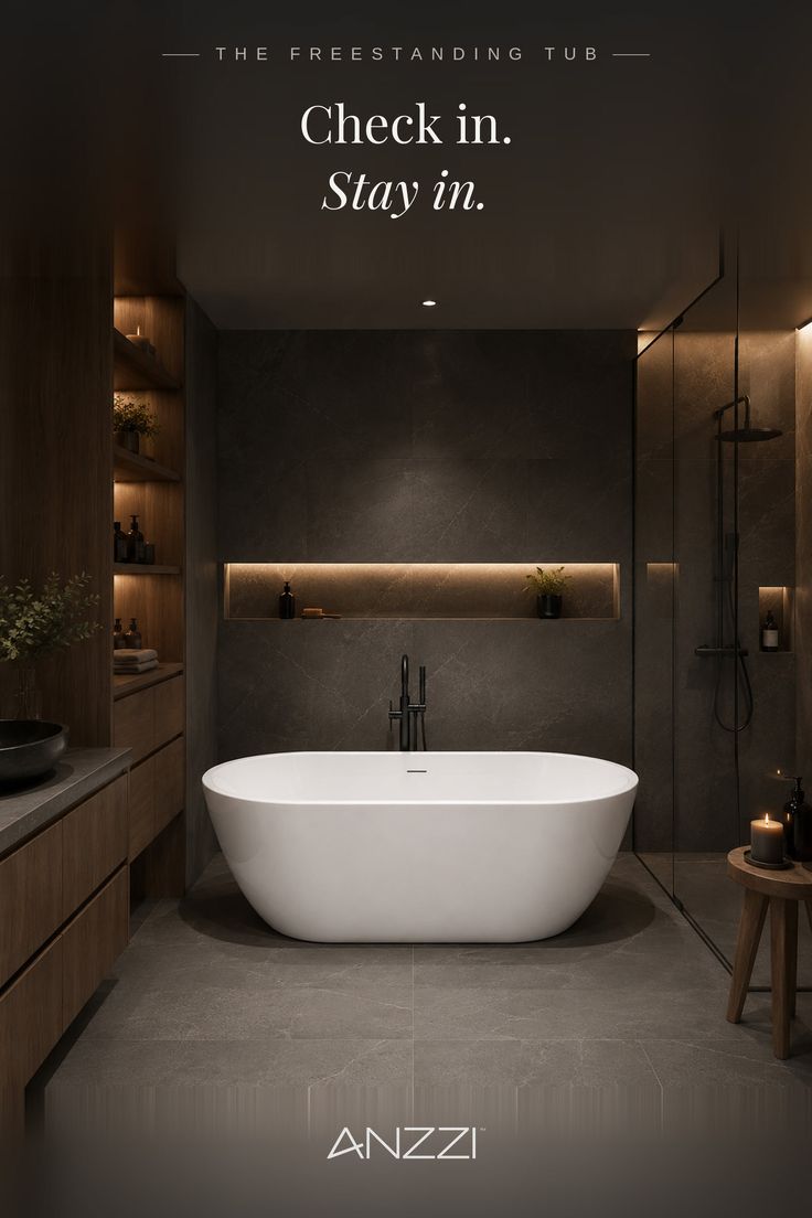 Modern bathroom with a freestanding tub and dark, warm lighting