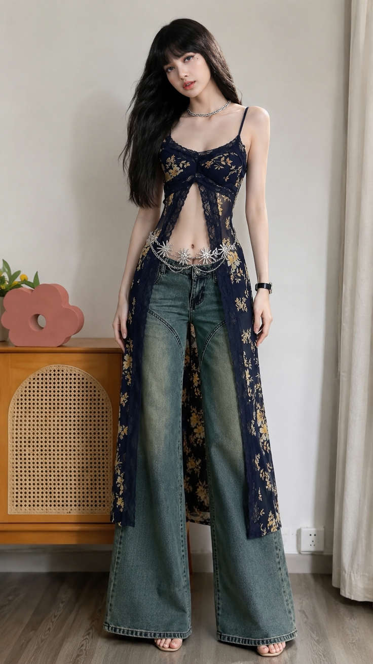 Woman in a floral top, wide leg jeans, and a belly chain posing indoors