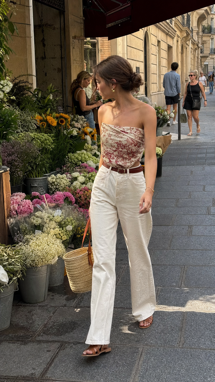 Woman in a strapless top and white pants walking past a flower shop