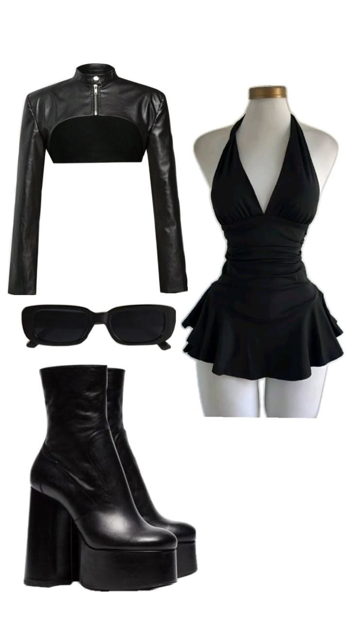 Collection of black clothing and accessories on a white background