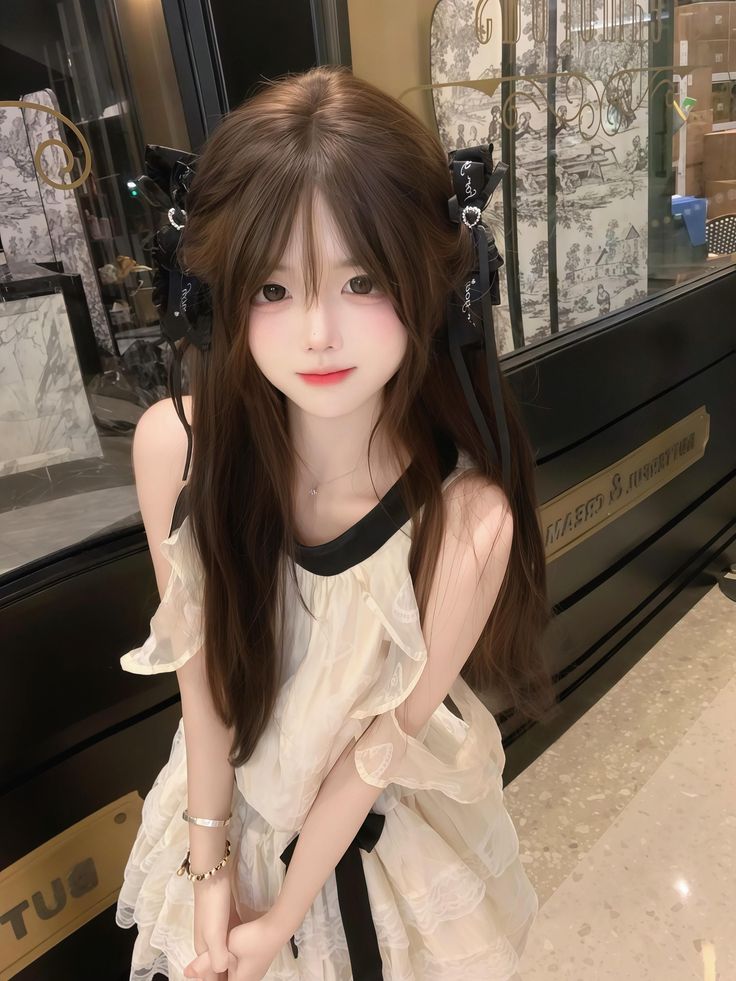 Person with long brown hair and a ruffle dress with black ribbons