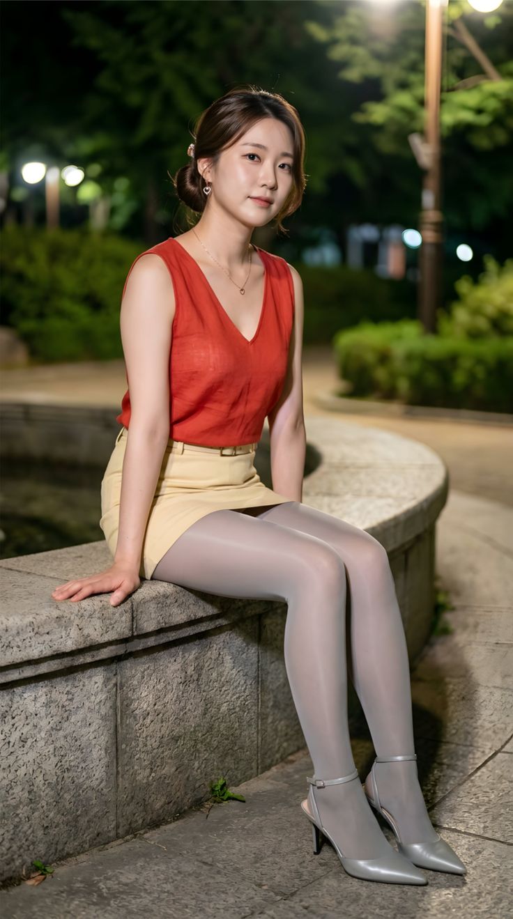 Woman in a red top and mini skirt sitting outdoors at night