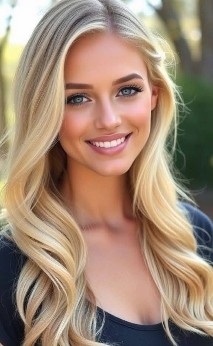 Blonde woman with blue eyes smiling outdoors with soft lighting