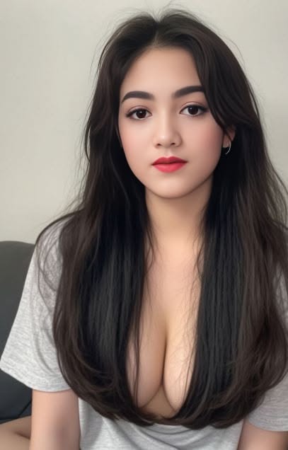 Woman with long dark hair and red lipstick wearing a low-cut gray t-shirt
