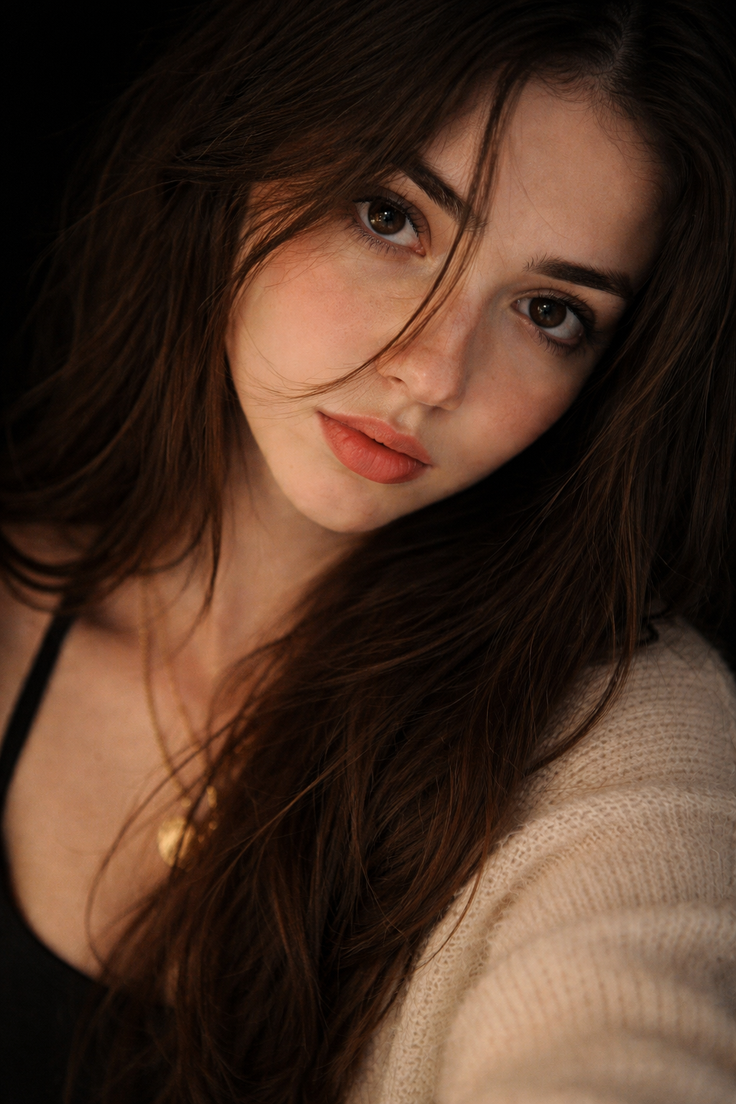 Woman with long brown hair and a gold necklace against a dark background