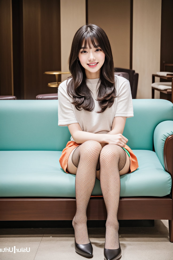 Woman with long dark hair and fishnet stockings sitting on a couch