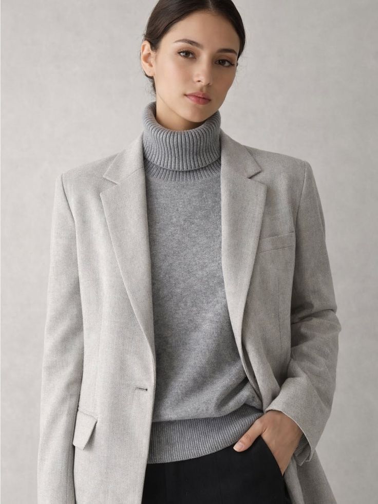 Woman in a gray blazer and turtleneck sweater with an updo hairstyle