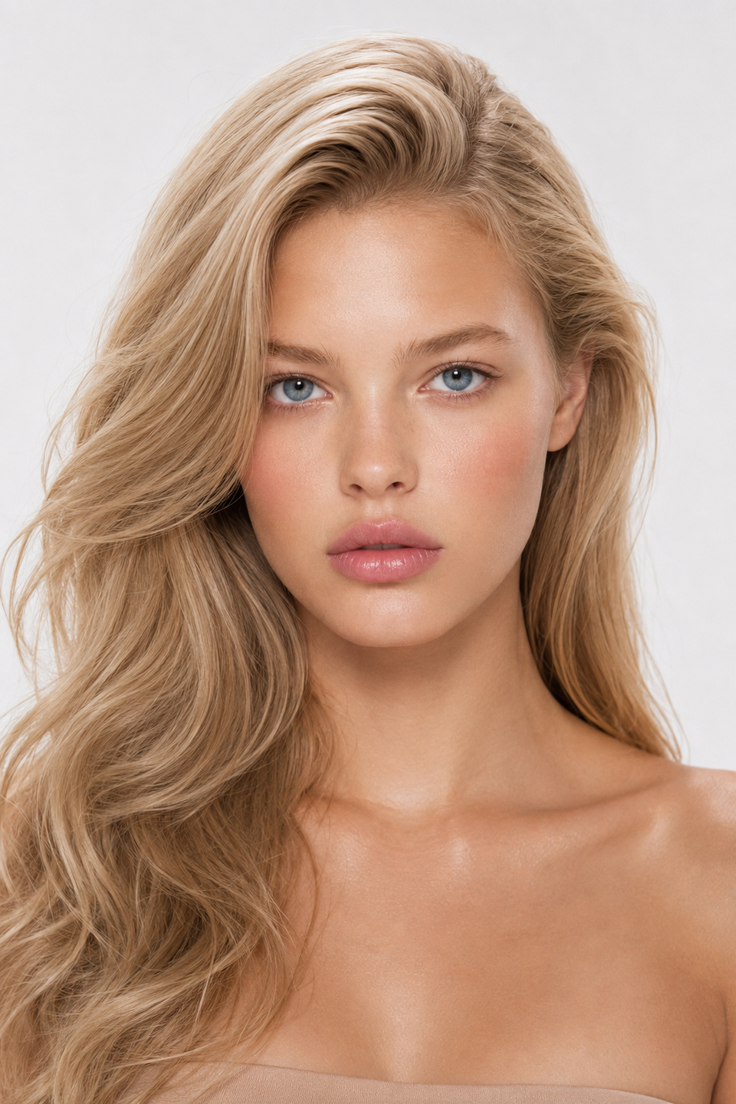 Woman with blonde hair and blue eyes in a studio portrait with soft lighting