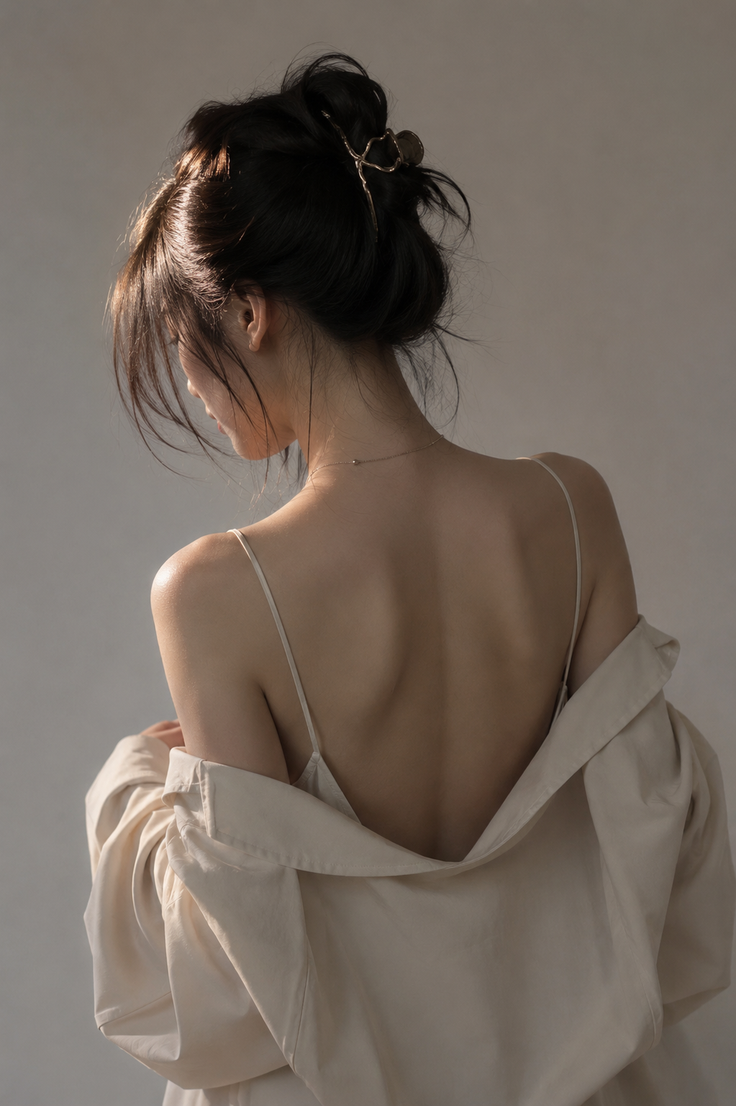 Woman with her back exposed wearing a spaghetti strap top and an unbuttoned shirt