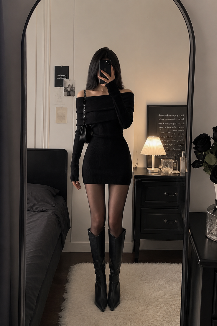 Woman in a black off-shoulder dress and boots taking a mirror selfie indoors