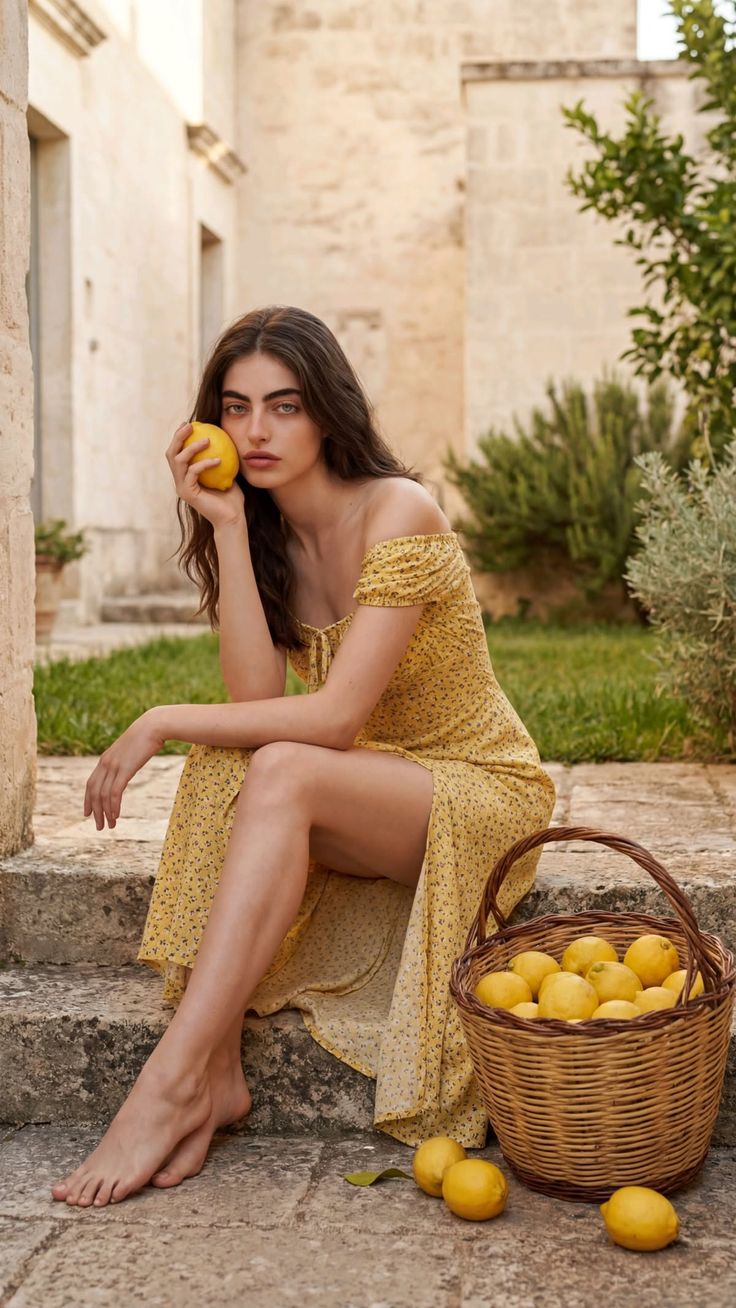 Woman in a yellow dress sitting on stone steps with a basket of lemons