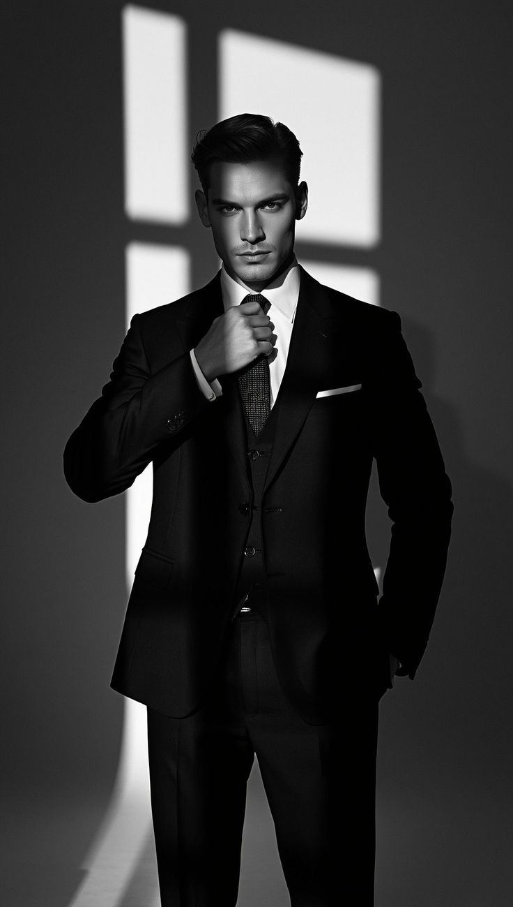 Man in a suit adjusting his tie with dramatic lighting and shadows