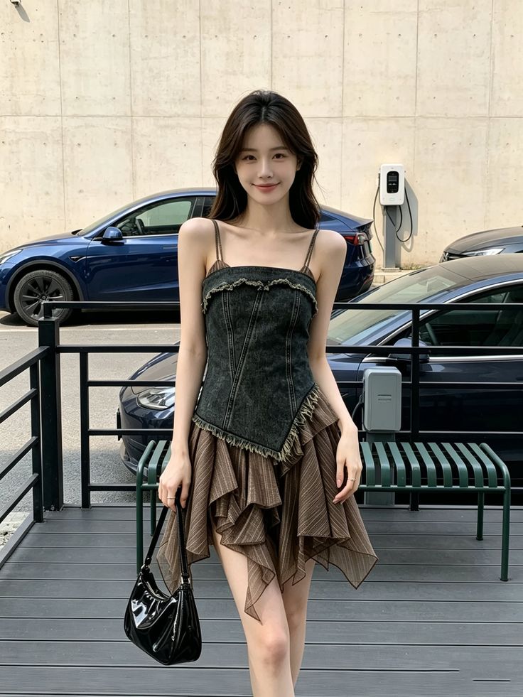 Woman with long hair wearing a denim top and ruffle skirt outdoors