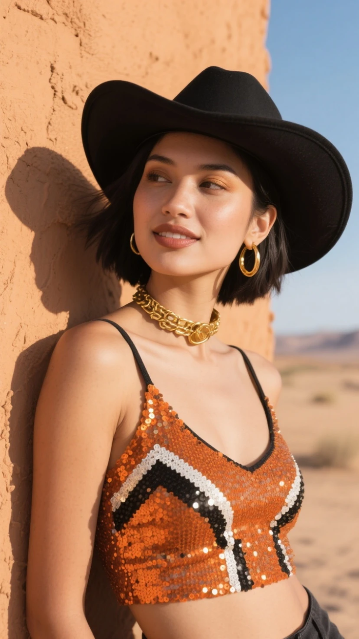 Woman in a cowboy hat and sequin top in a desert setting