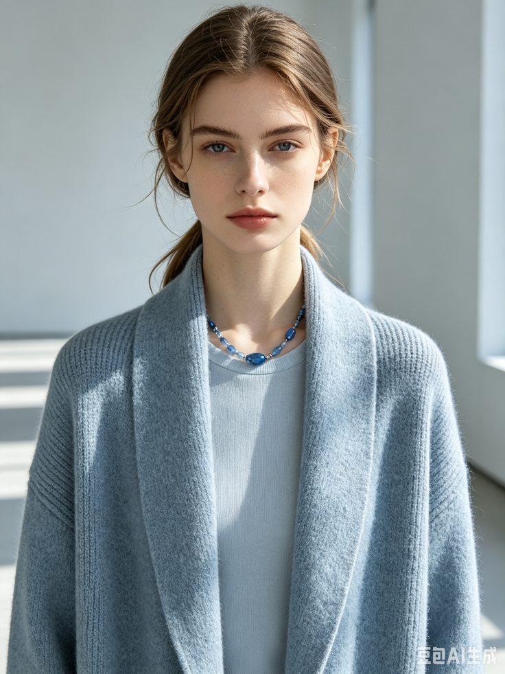 Woman with a ponytail wearing a blue cardigan and a blue beaded necklace indoors