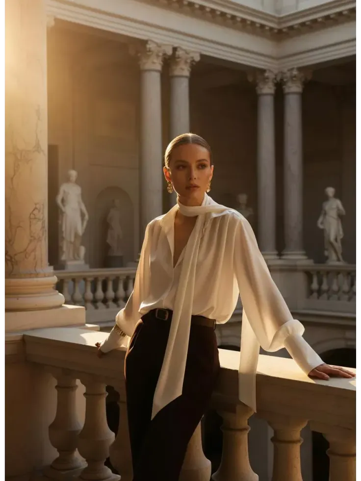 Woman in a white blouse with a high neck scarf in a classical building