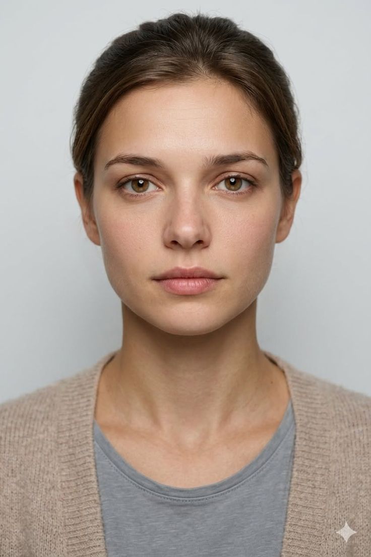 Woman with brown hair and natural makeup in a beige cardigan