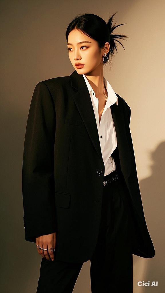 Woman in a black suit and white shirt with an updo hairstyle in a studio