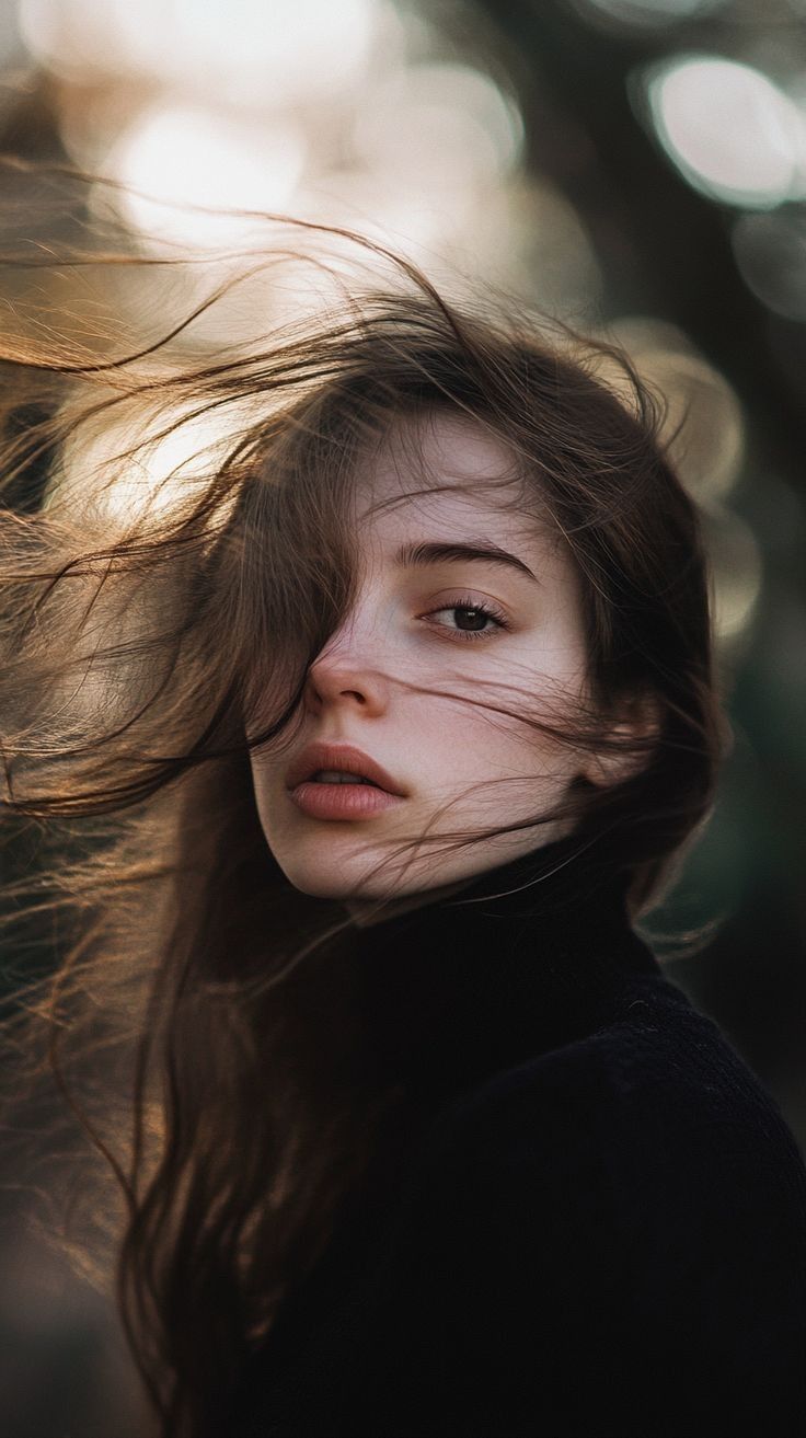 Woman with long, windblown hair wearing a black turtleneck, with backlight