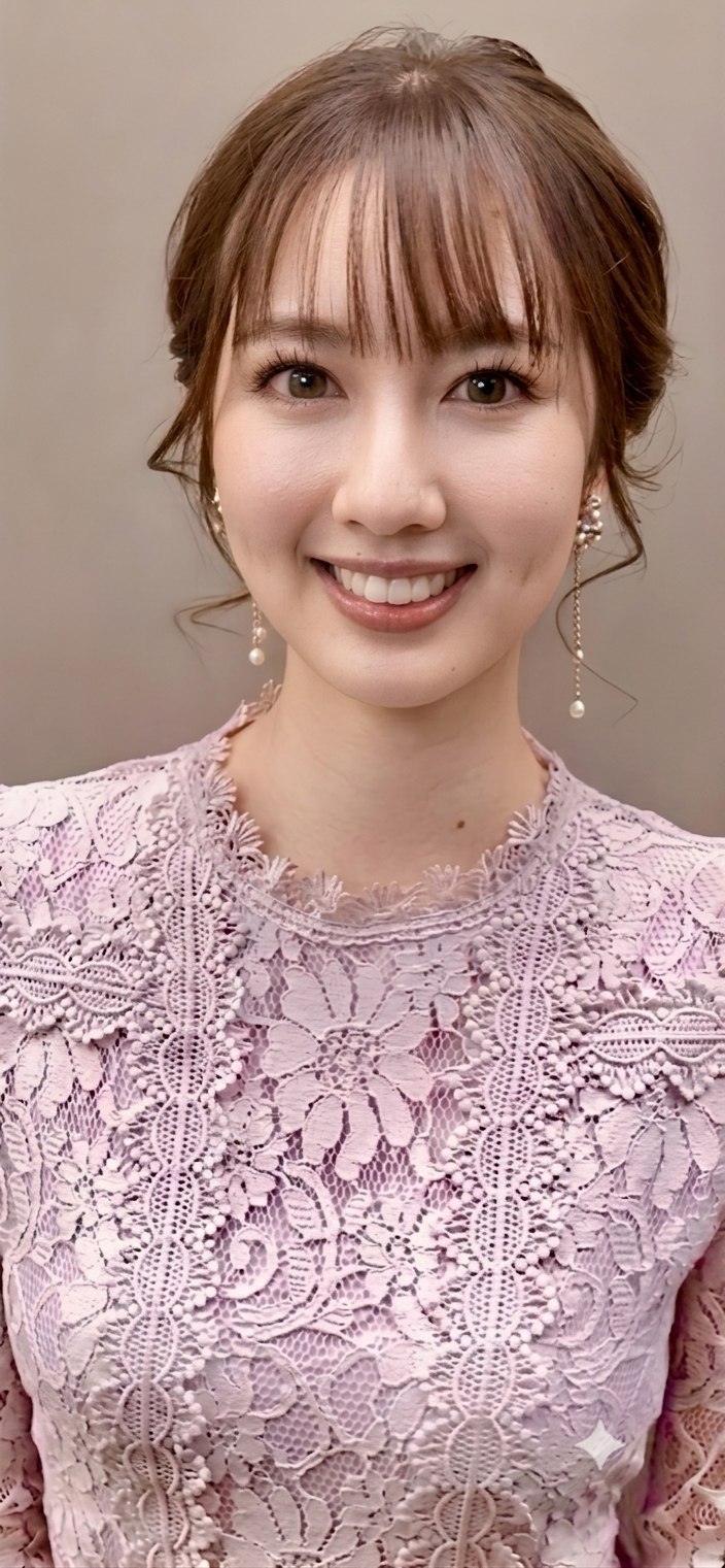 Woman with brown hair and pearl earrings wearing a lace dress, smiling