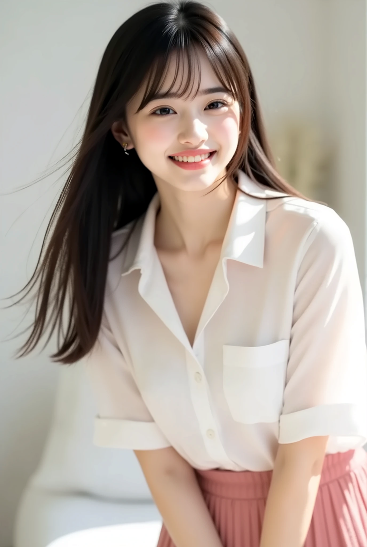 Young woman with long dark hair wearing a white shirt and pink pleated skirt