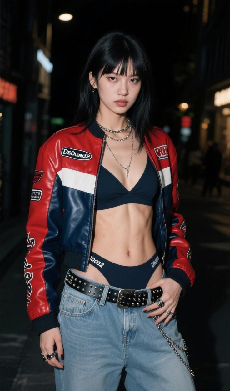 Woman in a red, white, and blue jacket with jeans and exposed midriff on a street at night