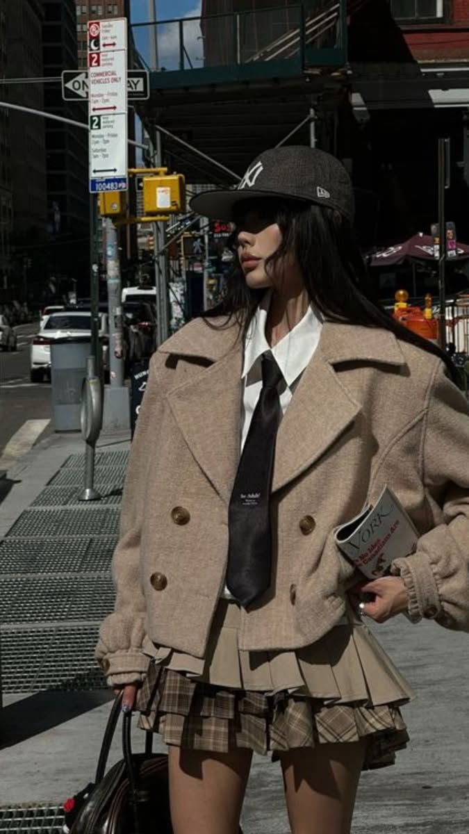 Woman in a peacoat, pleated skirt, and baseball cap on a city street
