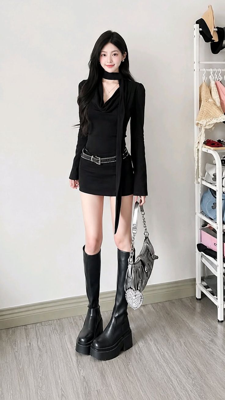 Woman in a black dress and knee-high boots holding a handbag indoors